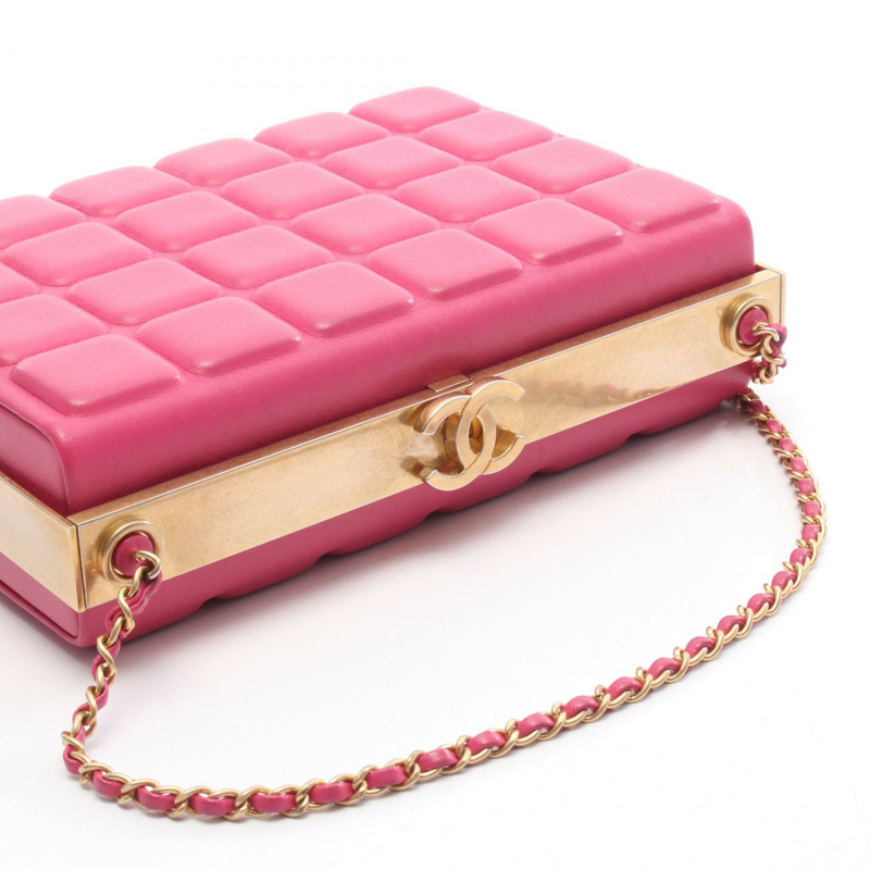 香奈兒巧克力色鏈條單肩斜挎包，粉紅色羊皮，二手，女士，金色五金-7