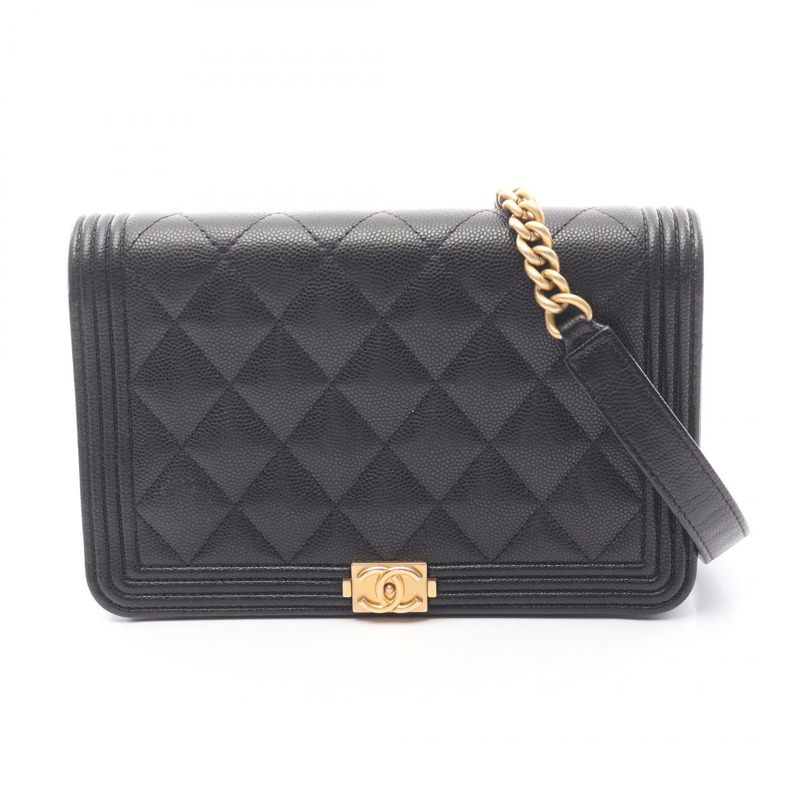 香奈兒 Boy Chanel Matelasse 鏈條肩背包，黑色皮革，二手，金色五金-0