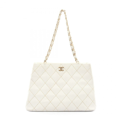 香奈兒 (CHANEL) 白色皮革鏈條手提單肩包，二手女款，金色五金配件