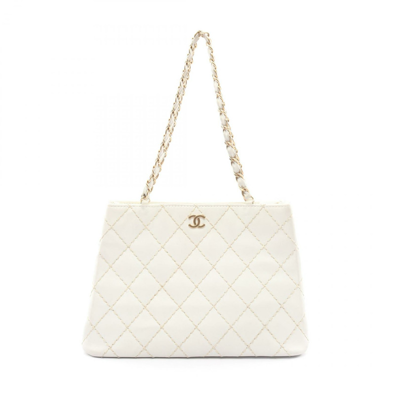 香奈兒 (CHANEL) 白色皮革鏈條手提單肩包，二手女款，金色五金配件-0