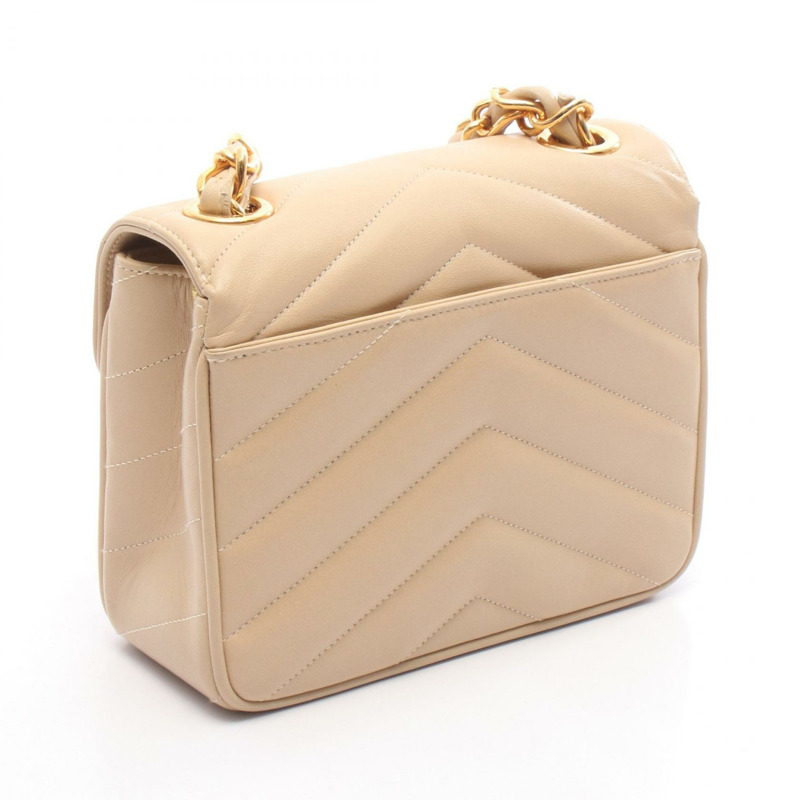 香奈兒 Chevron V 形縫線鏈條斜挎單肩包，米色皮革，二手，金色五金-1