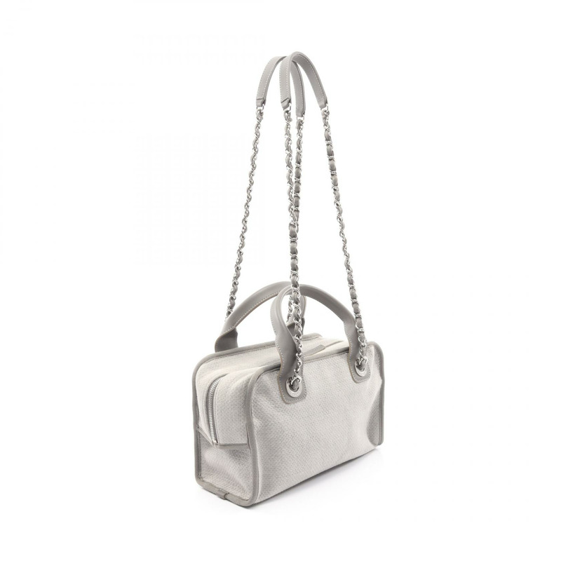 香奈兒 Deauville 保齡球鏈肩包 帆布皮革 灰色 二手 女士 SHW-1