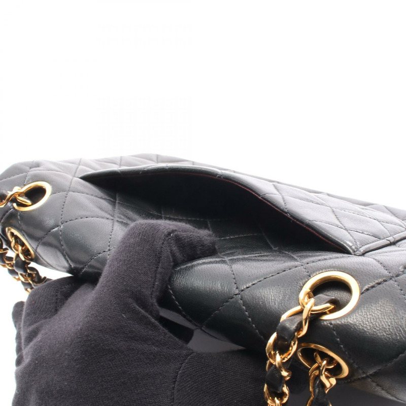 香奈兒 (CHANEL) Matelasse W 翻蓋鏈條單肩包,羊皮材質,黑色,二手,女士款,金色五金-5