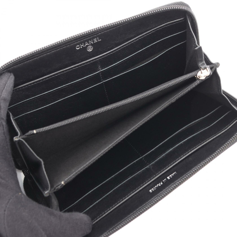 香奈兒 COCO 標誌拉鍊長錢包,黑色皮革,二手女士款,附五金配件-2