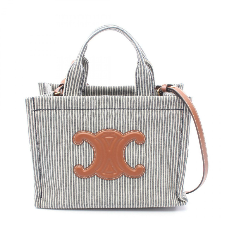 CELINE 小號 CABAS Thais 手提單肩包 199162 帆布皮革海軍藍棕色二手-0