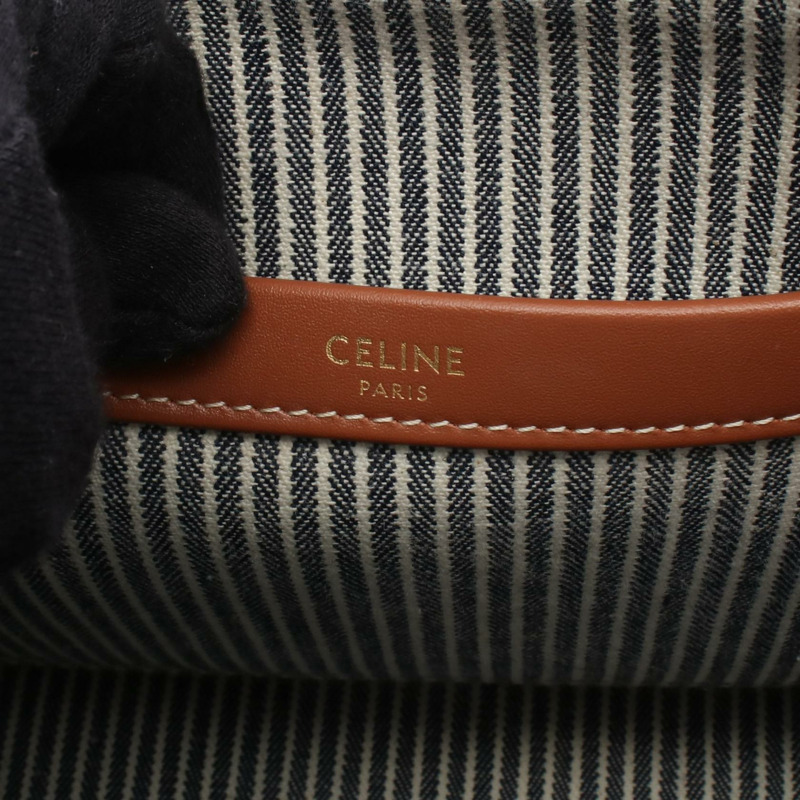 CELINE 小號 CABAS Thais 手提單肩包 199162 帆布皮革海軍藍棕色二手-3