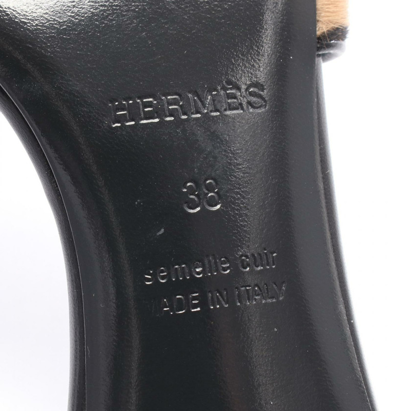 愛馬仕 Oasis 穆勒涼鞋 #38 鞋跟，黑色米色皮革，二手女款-5