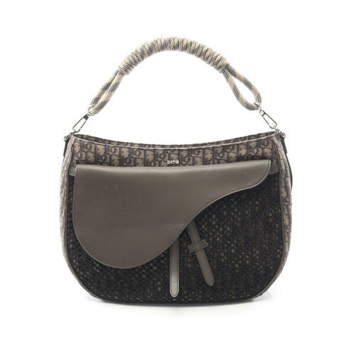 Dior 馬鞍形肩背包，帆布皮革，卡其色/黑色，二手，女士款，帶標誌