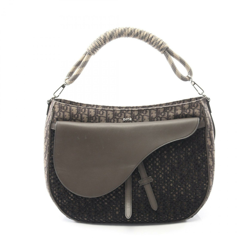 Dior 馬鞍形肩背包，帆布皮革，卡其色/黑色，二手，女士款，帶標誌-0