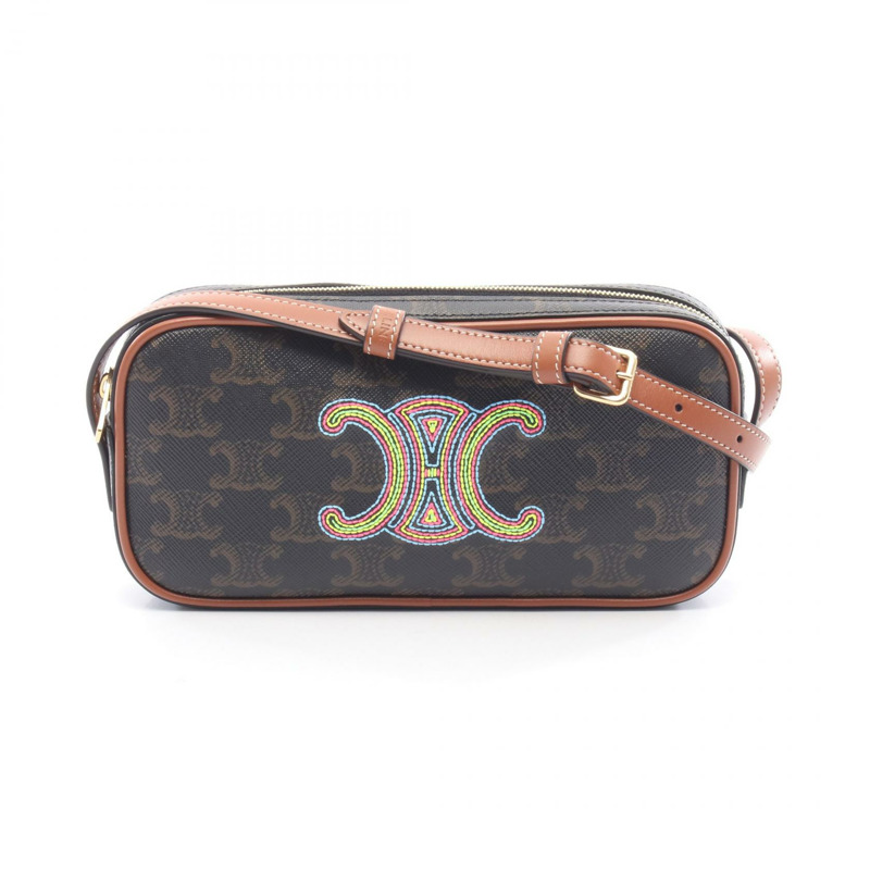 CELINE Triomphe Mini 相機單肩包 帆布皮革 棕色 多色 二手-0