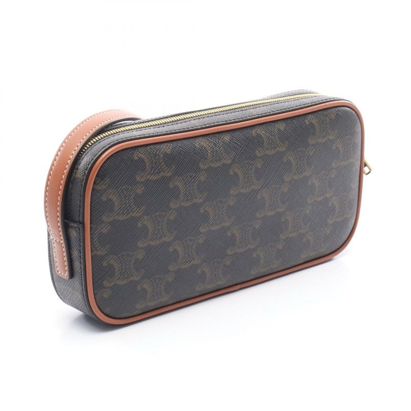 CELINE Triomphe 迷你相機肩背包，PVC塗層帆布皮革，棕色，二手-1