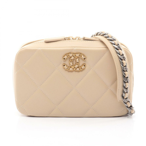 香奈兒 19 dix-neuf Matelasse 鏈條肩背斜背包，米色皮革，二手 CC