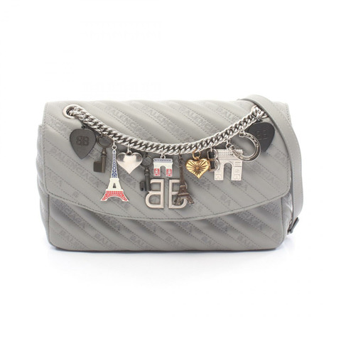 BALENCIAGA BB 圓形鏈條單肩手提包 516921 皮革 灰色 二手 女士