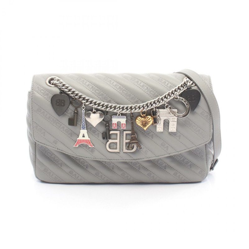 BALENCIAGA BB 圓形鏈條單肩手提包 516921 皮革 灰色 二手 女士-0