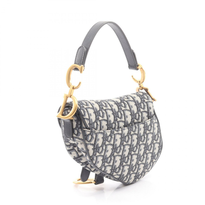 Dior 迷你馬鞍手提單肩包，提花帆布皮革，米色、海軍藍、黑色，二手-1