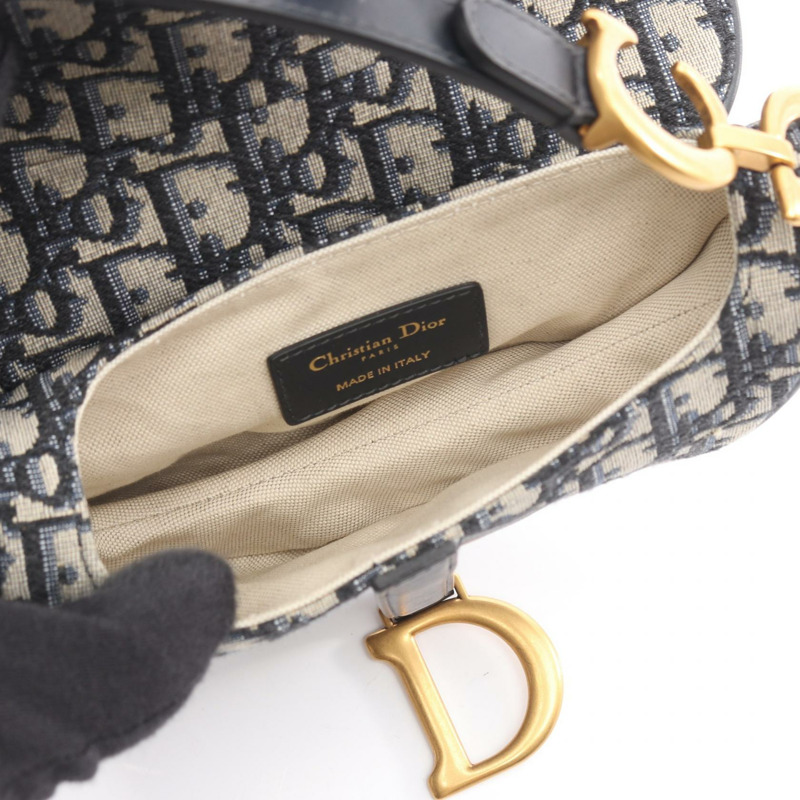 Dior 迷你馬鞍手提單肩包，提花帆布皮革，米色、海軍藍、黑色，二手-2