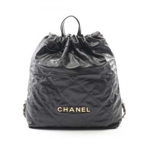香奈兒 Chanel 22 大號雙肩包鏈肩帶 AS3313 皮革黑色金色五金