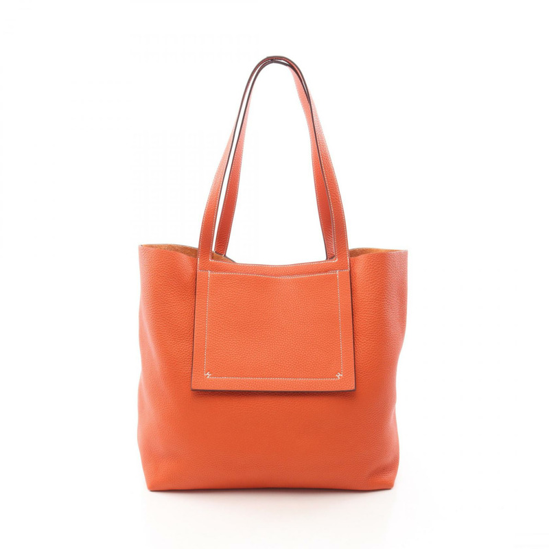 愛馬仕 Cabas Sellier 46 手提單肩包，Clemence 皮革，橙色罌粟花圖案，二手。-0