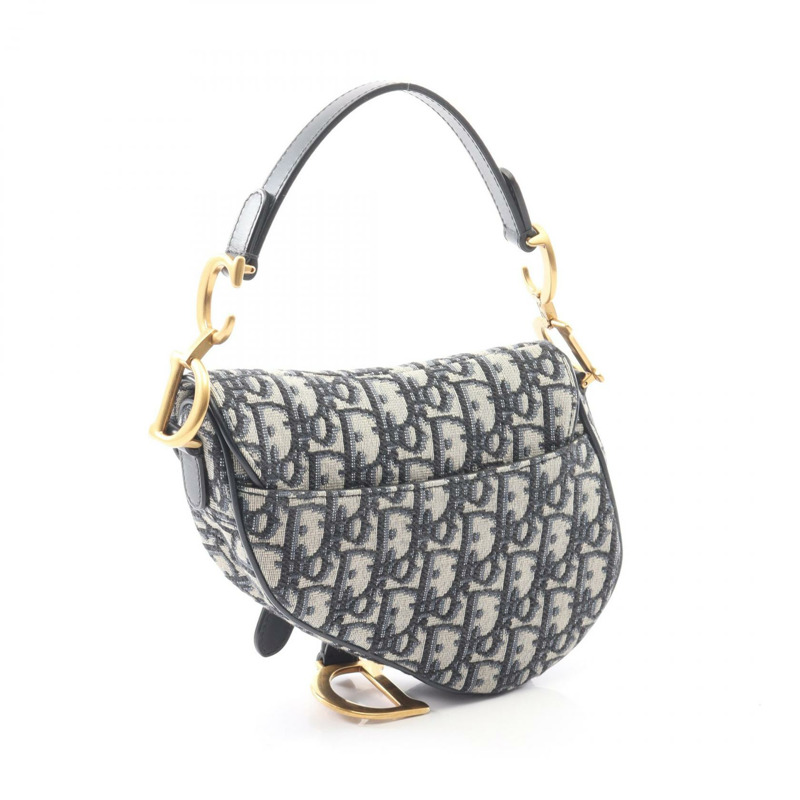 Christian Dior 迷你馬鞍包 Oblique 提花手提包 帆布皮革 米色 海軍藍-1