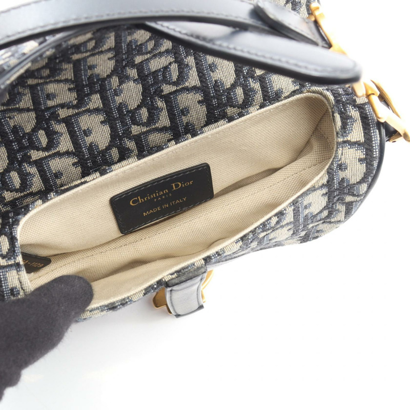 Christian Dior 迷你馬鞍包 Oblique 提花手提包 帆布皮革 米色 海軍藍-2