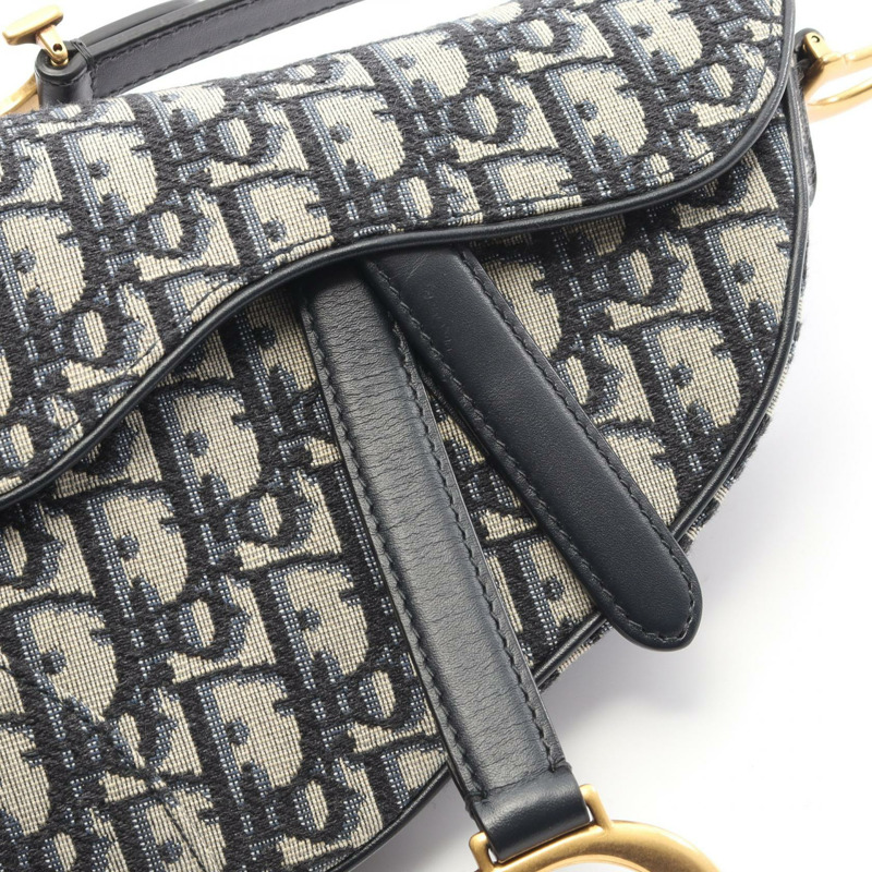 Christian Dior 迷你馬鞍包 Oblique 提花手提包 帆布皮革 米色 海軍藍-5