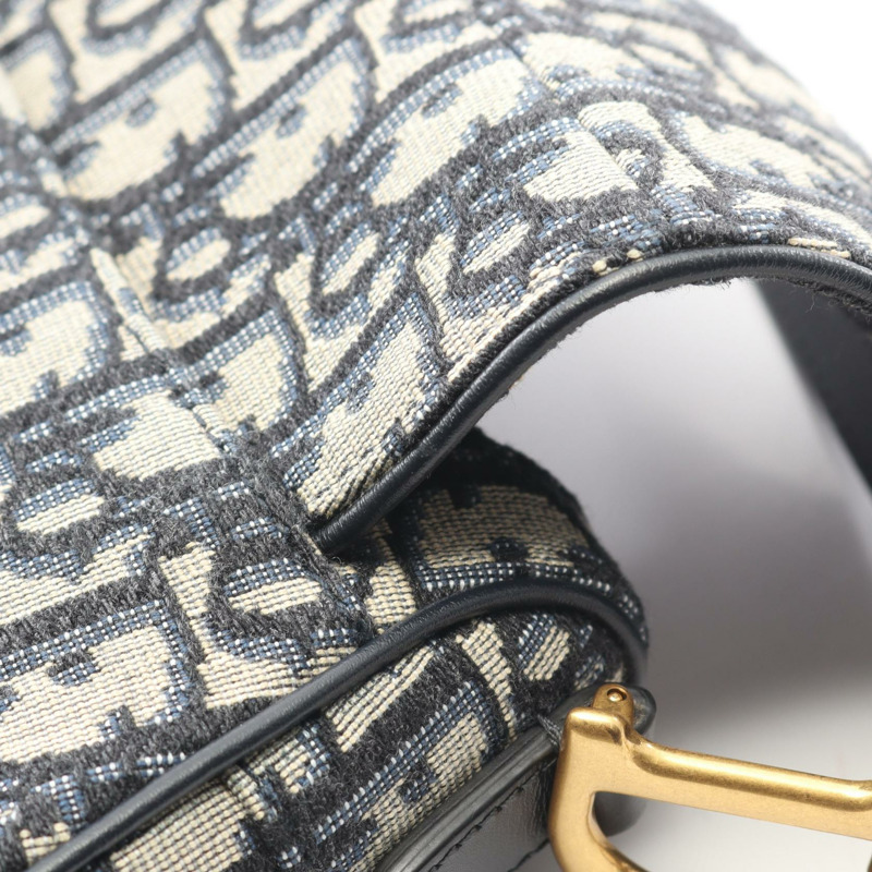 Christian Dior 迷你馬鞍包 Oblique 提花手提包 帆布皮革 米色 海軍藍-6