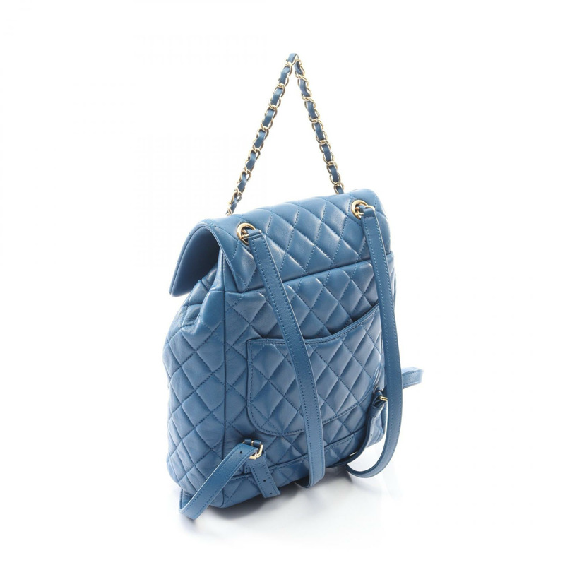 香奈兒 (CHANEL) 絎縫雙肩包，鏈條肩帶，A91121，羊皮，藍色，二手，金色五金-1