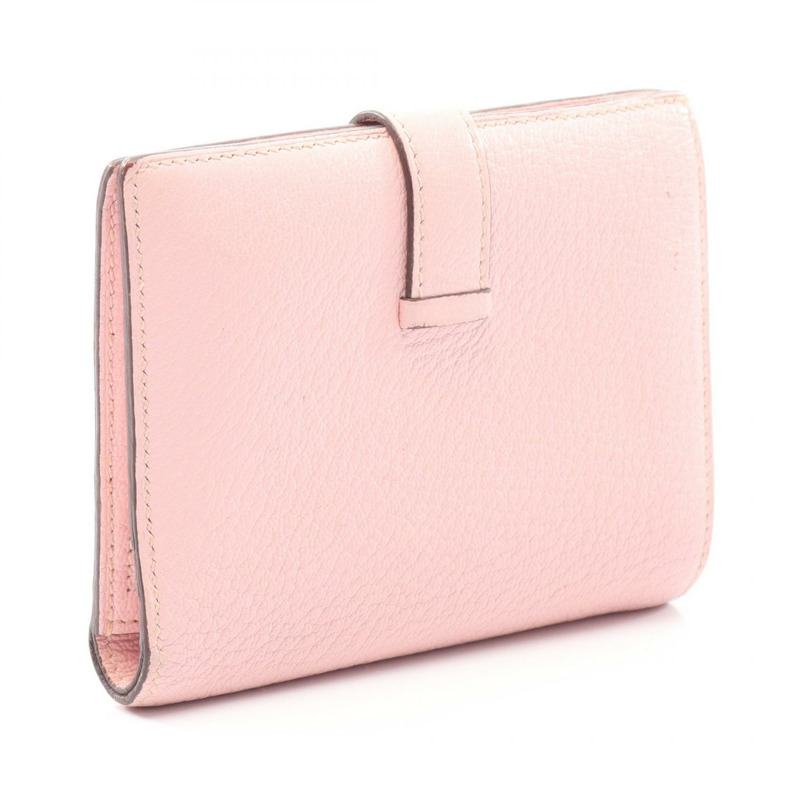 愛馬仕 Bearn Compact 雙折皮夾，D 山羊皮，櫻花玫瑰色，銀色五金，二手-1