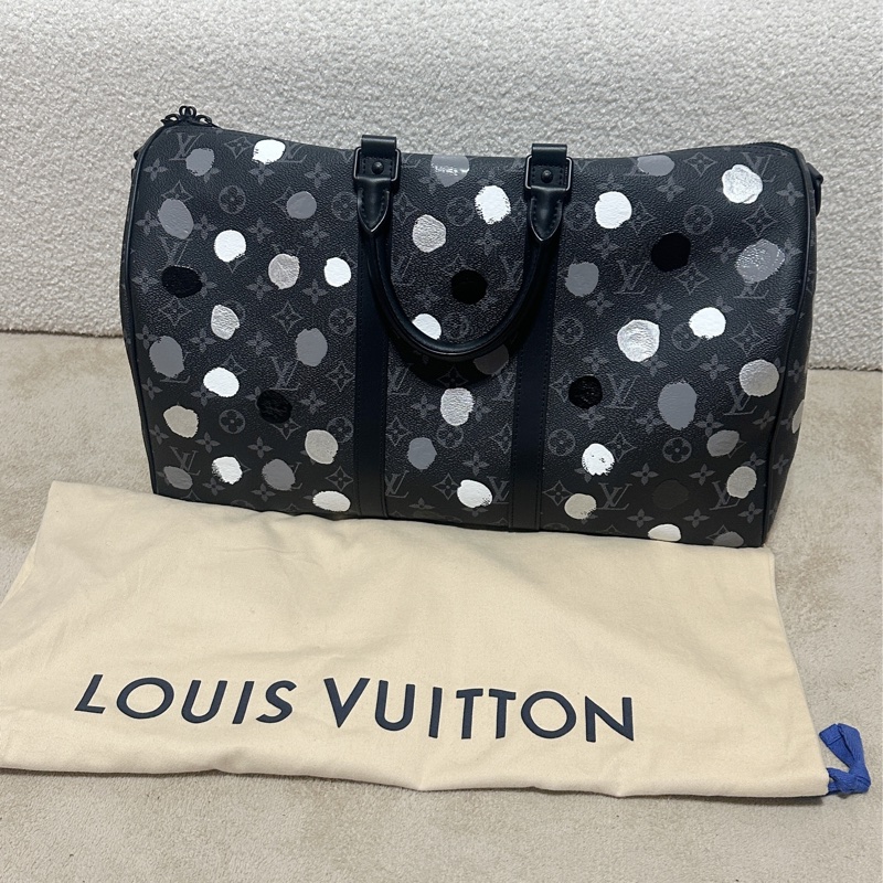 Louis Vuitton lv 限量款 老花草間彌生黑老花聯名款黑白灰點Keepall45旅行袋-0