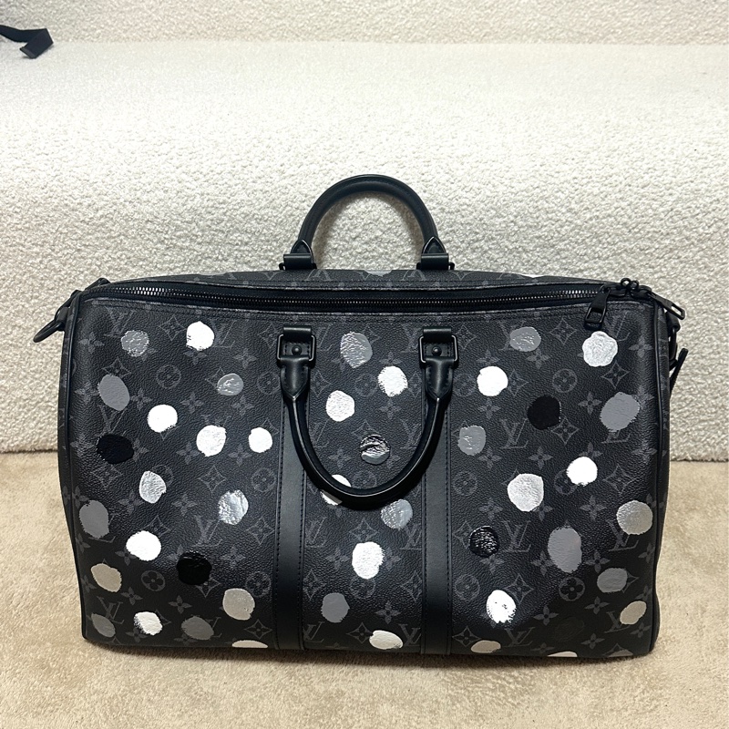 Louis Vuitton lv 限量款 老花草間彌生黑老花聯名款黑白灰點Keepall45旅行袋-2
