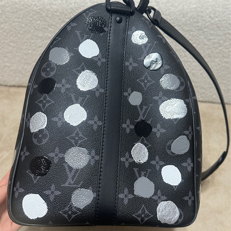 Louis Vuitton lv 限量款 老花草間彌生黑老花聯名款黑白灰點Keepall45旅行袋-5
