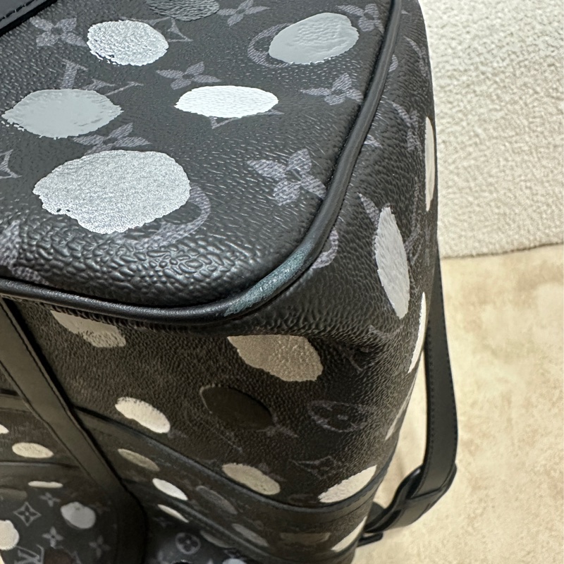 Louis Vuitton lv 限量款 老花草間彌生黑老花聯名款黑白灰點Keepall45旅行袋-6