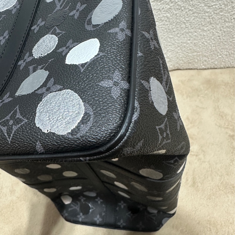 Louis Vuitton lv 限量款 老花草間彌生黑老花聯名款黑白灰點Keepall45旅行袋-11