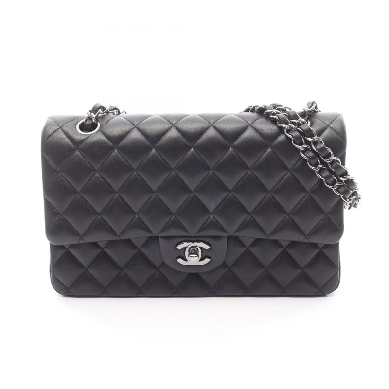 香奈兒 (CHANEL) 絎縫雙蓋鏈條肩背包,羊皮材質,黑色,銀色五金,二手-0
