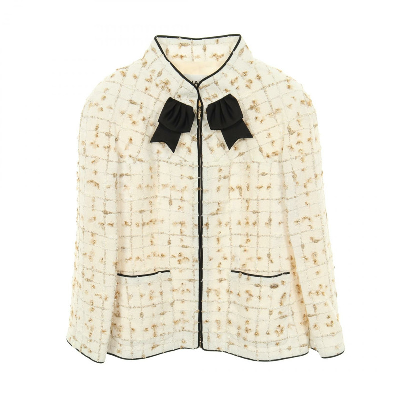 香奈兒 COCO 標誌紐扣斜紋軟呢外套 其他款式 尼龍 白色 黑色 金色 二手 女士-0