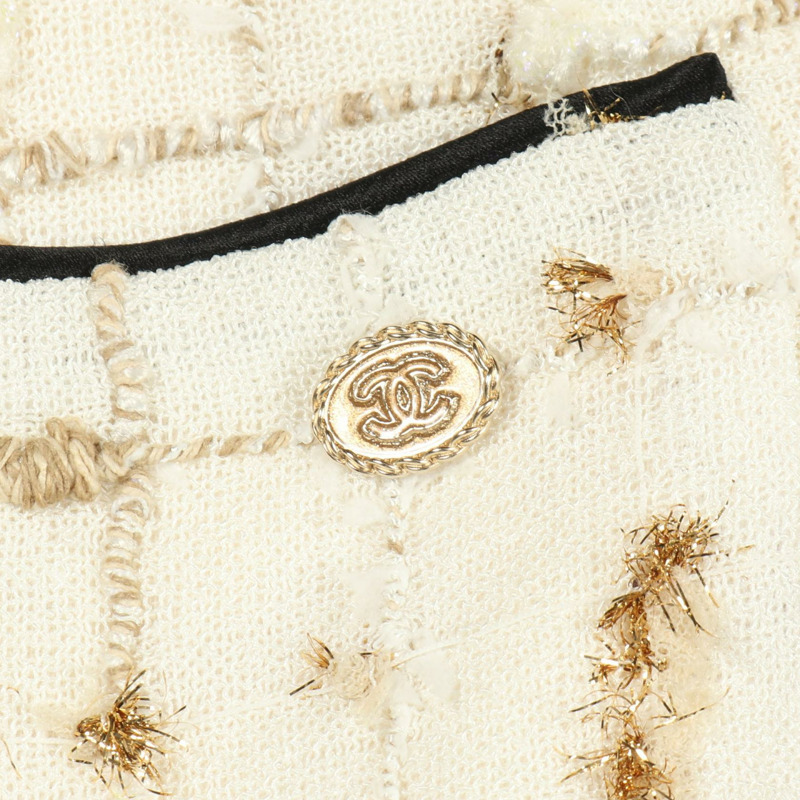 香奈兒 COCO 標誌紐扣斜紋軟呢外套 其他款式 尼龍 白色 黑色 金色 二手 女士-8