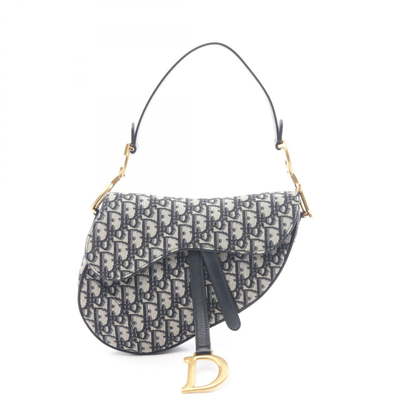 Christian Dior 馬鞍斜背包，帆布皮革，米色/海軍藍，二手-0