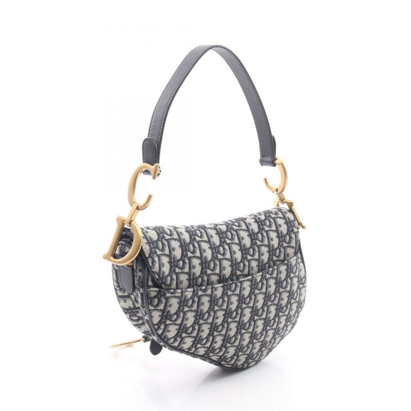 Christian Dior 馬鞍斜背包，帆布皮革，米色/海軍藍，二手-1