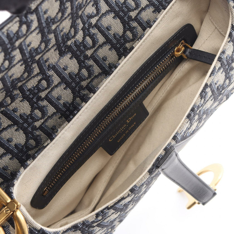 Christian Dior 馬鞍斜背包，帆布皮革，米色/海軍藍，二手-2
