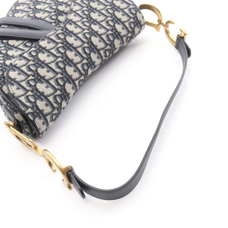 Christian Dior 馬鞍斜背包，帆布皮革，米色/海軍藍，二手-5