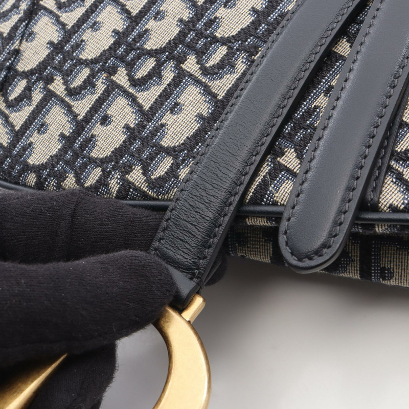 Christian Dior 馬鞍斜背包，帆布皮革，米色/海軍藍，二手-7