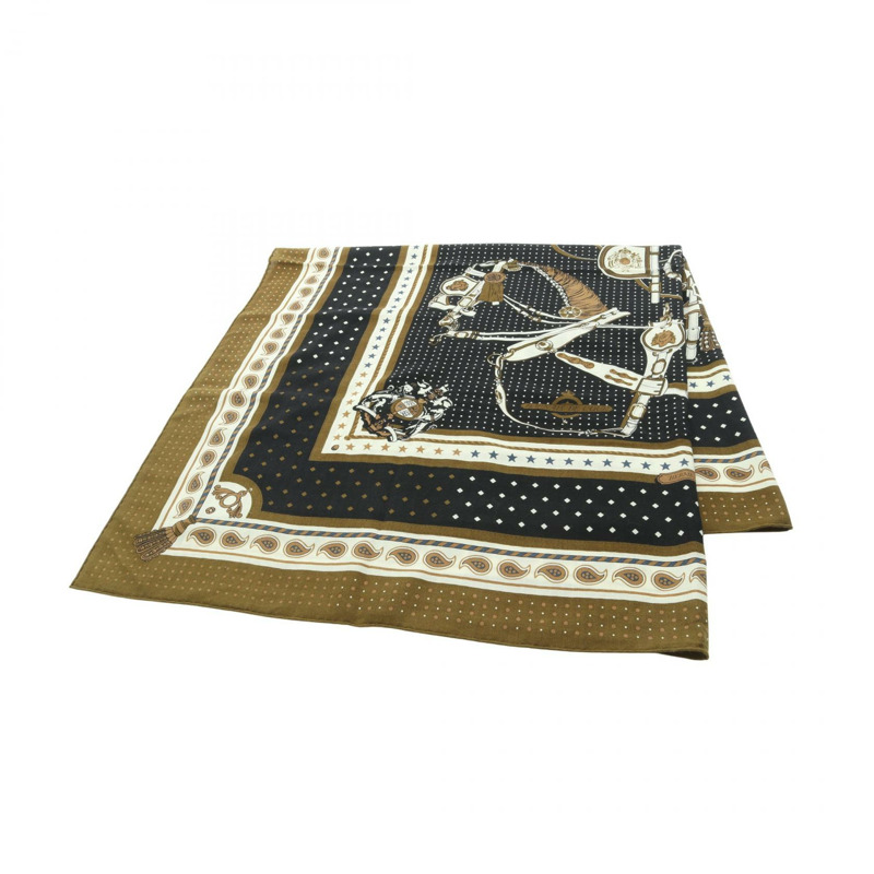 HERMES Carre 140 HARNAIS DE COUR Bandana 圍巾 echarpe 真絲羊絨 黑色 卡其色-0
