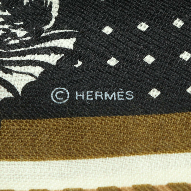 HERMES Carre 140 HARNAIS DE COUR Bandana 圍巾 echarpe 真絲羊絨 黑色 卡其色-1