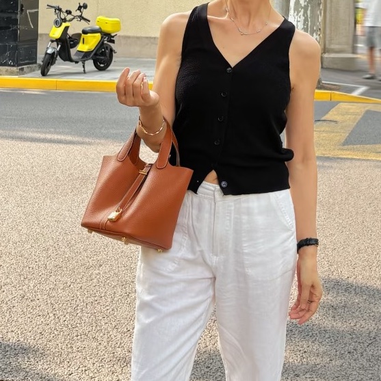 經典百搭💯超低價😍Hermes愛馬仕金棕銀扣TC皮Picotin菜籃子18手提包-3