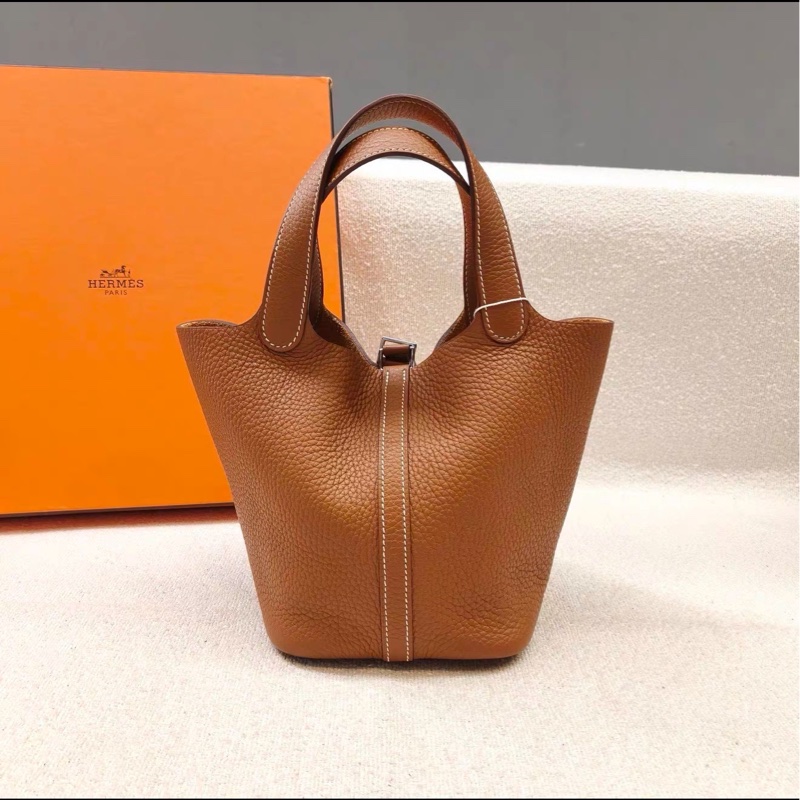 經典百搭💯超低價😍Hermes愛馬仕金棕銀扣TC皮Picotin菜籃子18手提包-8