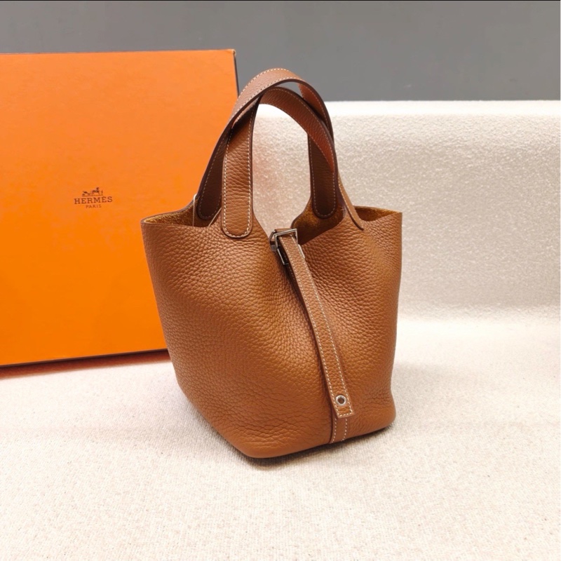 經典百搭💯超低價😍Hermes愛馬仕金棕銀扣TC皮Picotin菜籃子18手提包-11