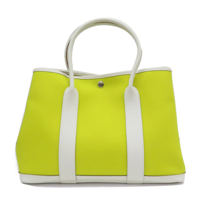 黃色帆布 白色牛皮 Garden Party 36 手提包 Y刻 銀扣【HERMES 愛馬仕】-1