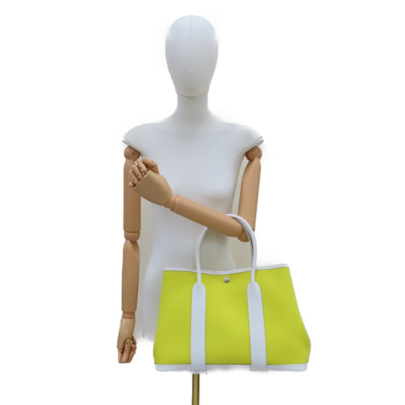 黃色帆布 白色牛皮 Garden Party 36 手提包 Y刻 銀扣【HERMES 愛馬仕】-9