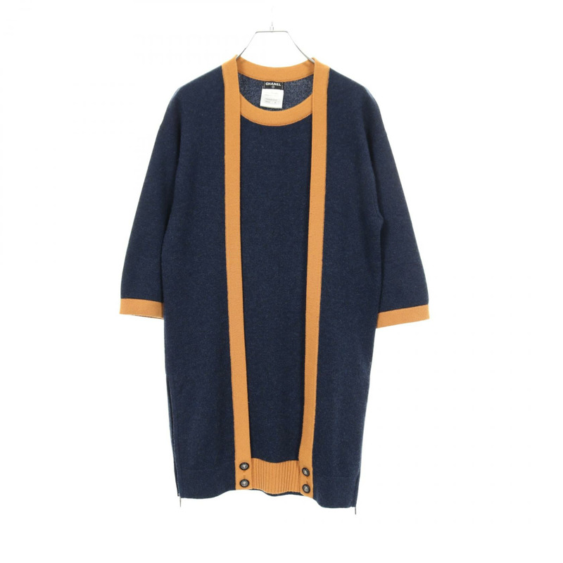 香奈兒 COCO 標誌紐帶連身裙針織衫 #36 P50065K 羊絨海軍藍黃色二手 CC-0