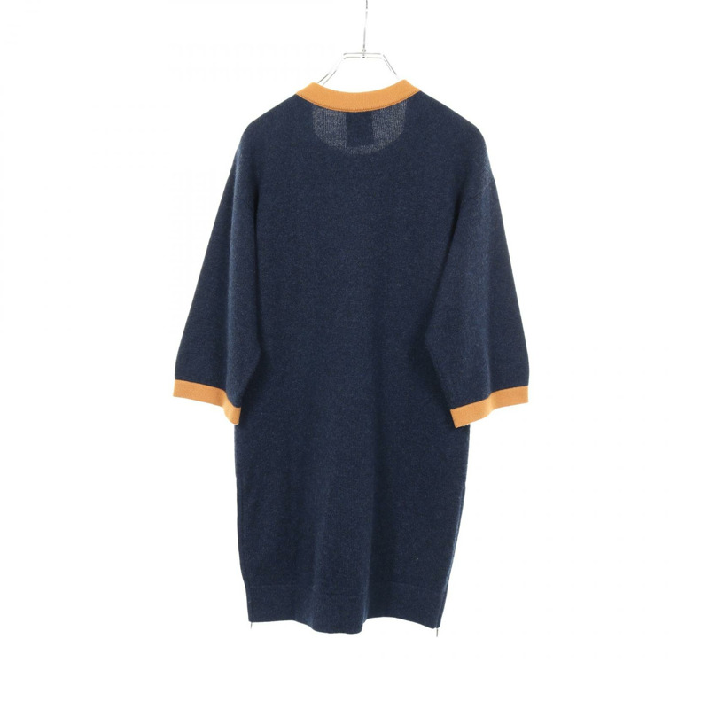 香奈兒 COCO 標誌紐帶連身裙針織衫 #36 P50065K 羊絨海軍藍黃色二手 CC-1